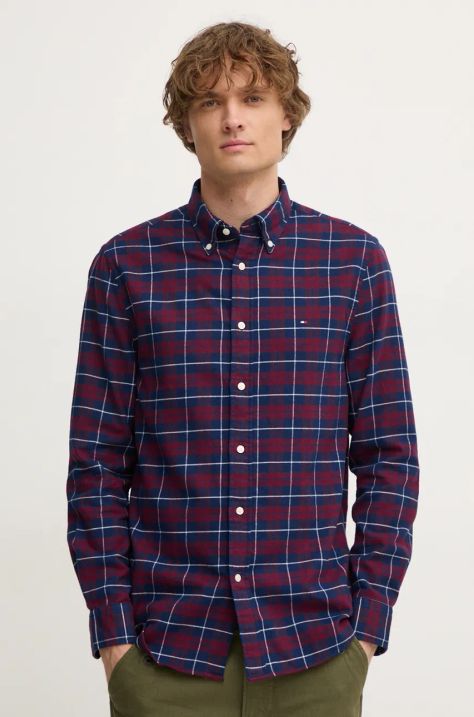 Bavlněná košile Tommy Hilfiger vínová barva, regular, s límečkem button-down, MW0MW37207