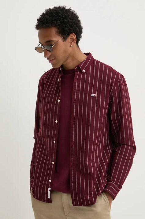 Tommy Jeans camasa din bumbac barbati, culoarea bordo, cu guler button-down, regular, DM0DM19646