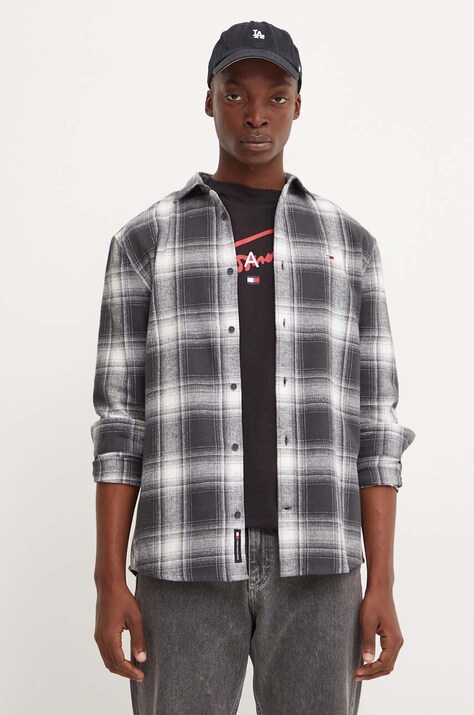 Хлопковая рубашка Tommy Jeans мужская цвет серый regular классический воротник DM0DM19651