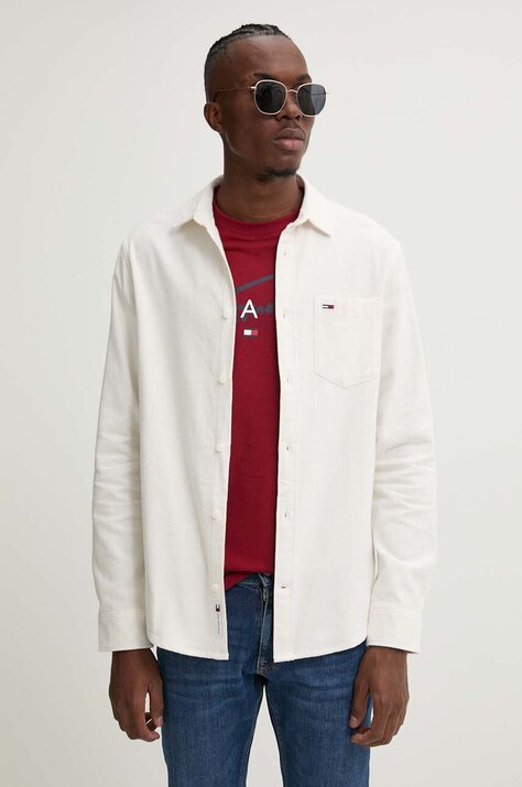 Tommy Jeans camasa din bumbac barbati, culoarea bej, cu guler clasic, regular, DM0DM19656
