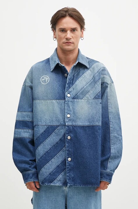 AMBUSH geacă cu aspect de cămașă Patchwork Denim Shirt Vintage de tranzitie, oversize, BMYD003F24DEN0014400