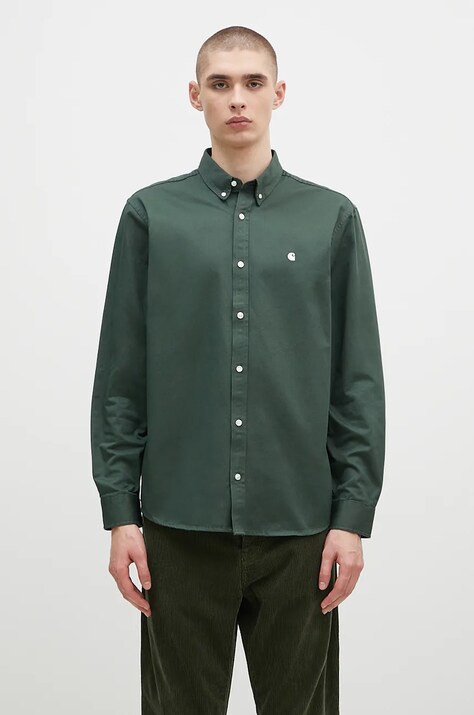 Bavlněná košile Carhartt WIP Longsleeve Madison Shirt zelená barva, regular, s límečkem button-down, I023339.2E4XX