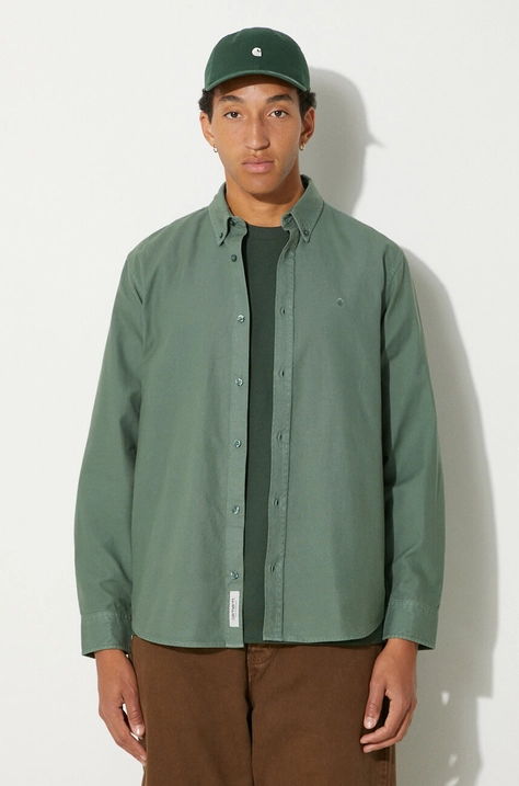 Carhartt WIP camasa din bumbac Longsleeve Bolton barbati, culoarea verde, cu guler button-down, regular, I030238.29NGD