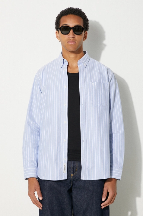 Carhartt WIP camicia in cotone Longsleeve Dowlen uomo colore blu  I033815.2FWXX