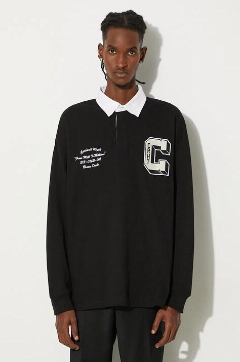 Bavlnené tričko s dlhým rukávom Carhartt WIP Longsleeve Brown Ducks Rugby Shirt čierna farba, s nášivkou, I033832.0D2XX