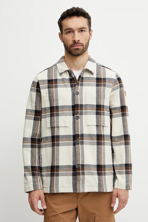 Fjallraven cămașă Singi Flannel Overshirt M bărbați, culoarea bej, cu guler clasic, relaxed, F12600226.113.555