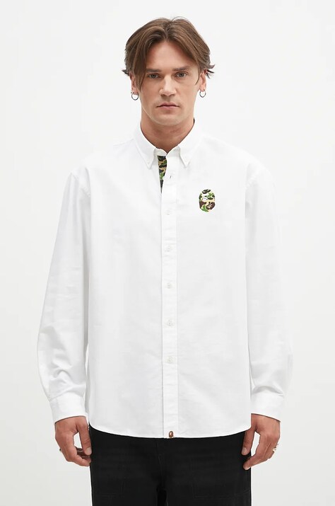 Bavlněná košile A Bathing Ape Abc Camo One Point Relaxed Fit bílá barva, regular, s límečkem button-down, 1K80131008