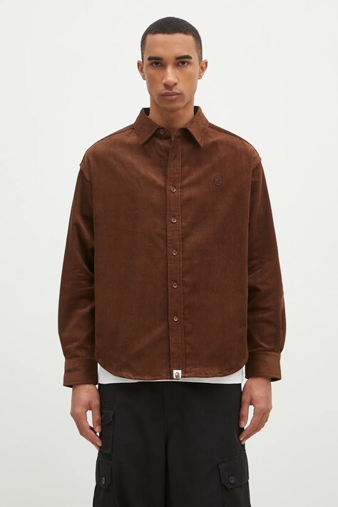 A Bathing Ape camasa din velur One Point Corduroy Longsleeve culoarea maro, cu guler clasic, regular, 1K80131309