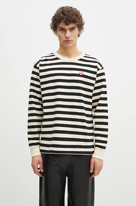 Bavlněné tričko s dlouhým rukávem Human Made Striped Longsleeve béžová barva, HM28CS039