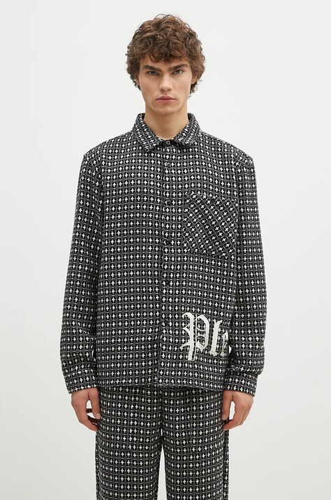 PLEASURES camicia in misto lana Cross Work Shirt colore grigio  P24F036