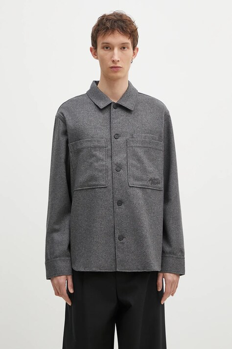 Vlněná košile Maison Kitsuné Overshirt šedá barva, relaxed, s klasickým límcem, MM00401WT0032