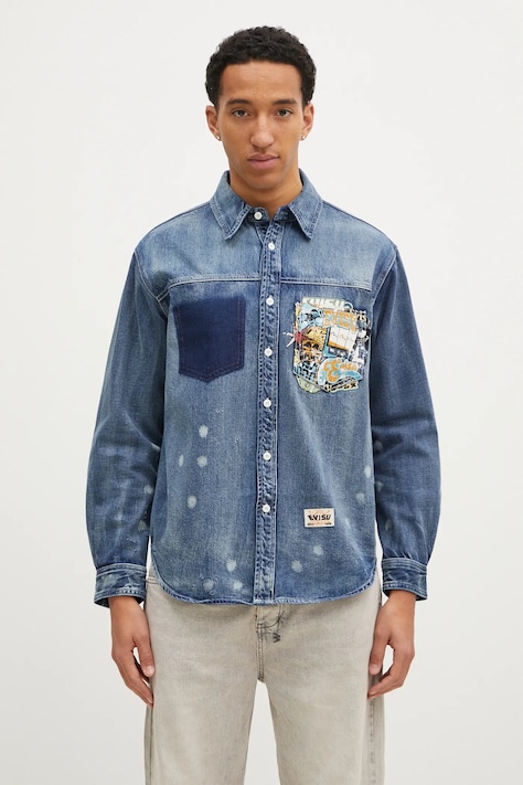 Τζιν πουκάμισο Evisu “Virtual Vacation”Print ανδρικό, χρώμα: ναυτικό μπλε, 2EAHTM4DL8027