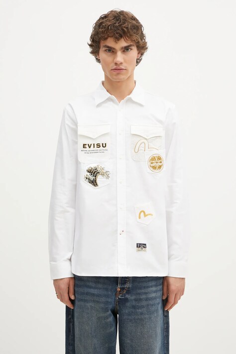 Evisu koszula bawełniana Evisu Logos & Wave Emb męska kolor biały regular z kołnierzykiem klasycznym 2EAHTM4SL7040
