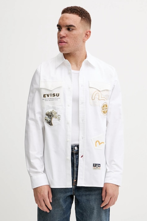 Evisu cămașă din bumbac Evisu Logos & Wave Emb bărbați, culoarea alb, cu guler clasic, regular, 2EAHTM4SL7040