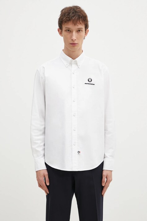 Bavlněná košile AAPE Moon Face Logo bílá barva, regular, s límečkem button-down, AAPSTM8495XXN