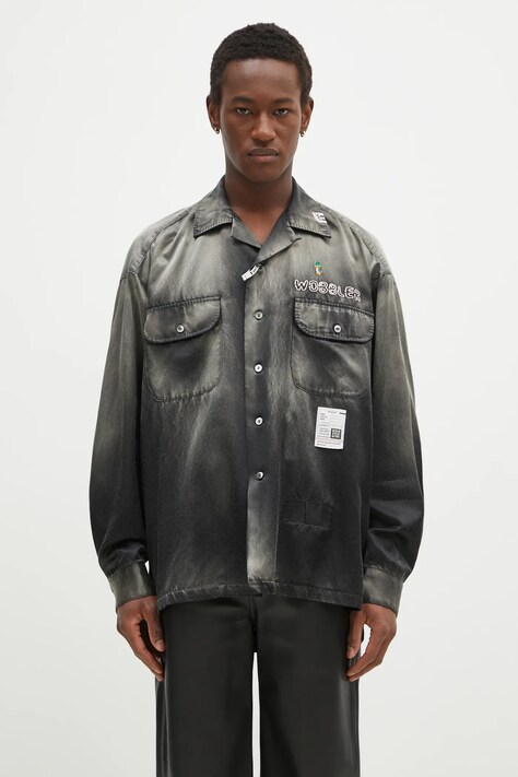 Košulja Maison MIHARA YASUHIRO Bleached Longsleeve Satin Shirts za muškarce, boja: crna, relaxed, s klasičnim ovratnikom, J13SH183