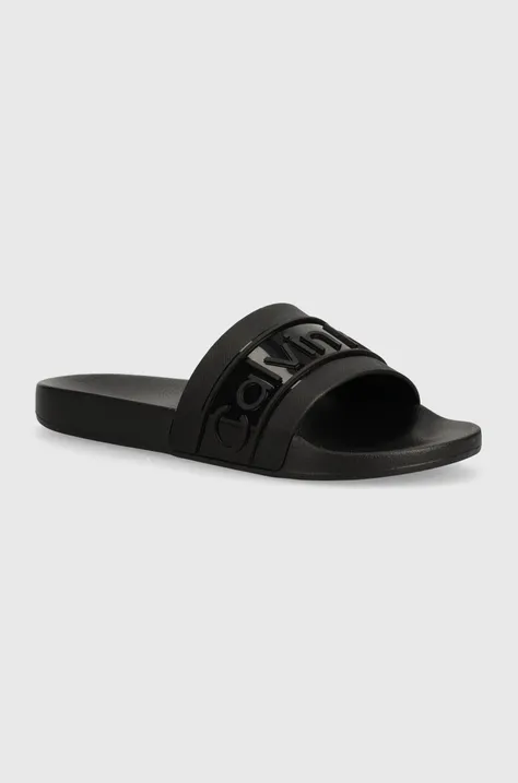 Calvin Klein papuci SLIDE TPU SAFFIANO femei, culoarea negru, HW0HW02107