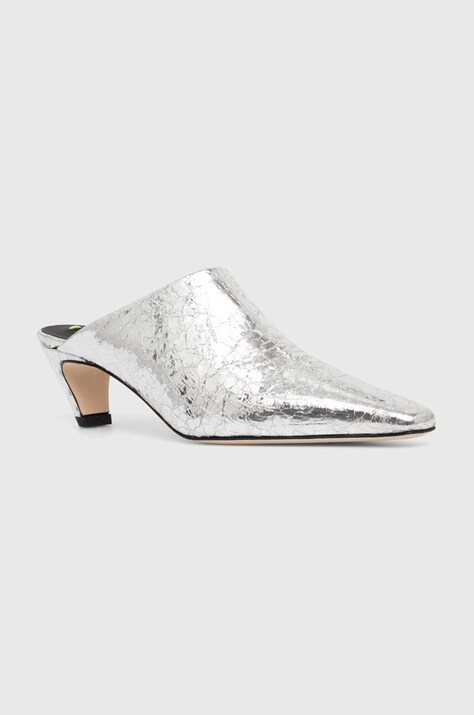 MSGM slapi de piele femei, culoarea argintiu, toc mic, 3741MDS716 905