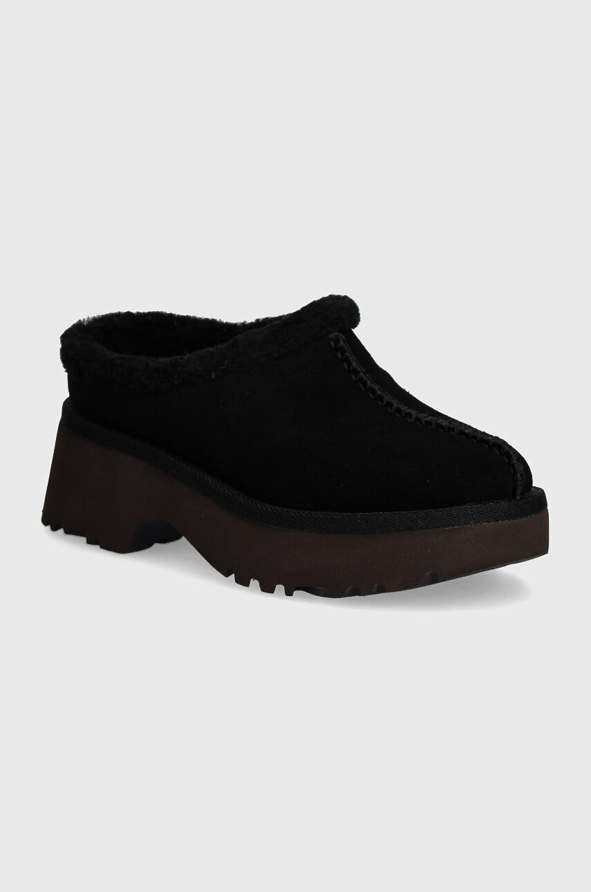 UGG papuci din piele intoarsa New Heights Cozy Clog culoarea negru, 1162510-BLK