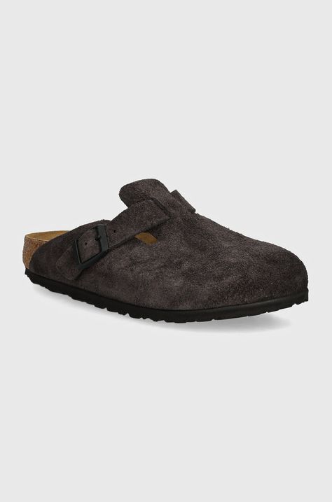 Παντόφλες σουέτ Birkenstock Boston γυναικείες, χρώμα: γκρι, 1028552