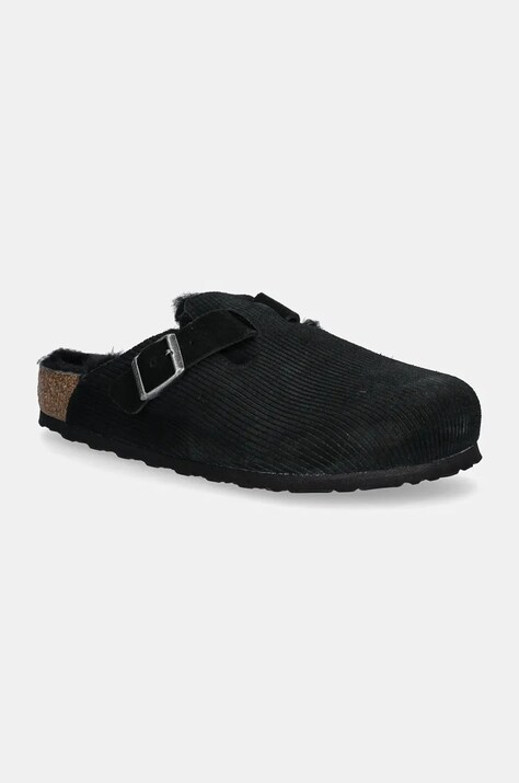 Birkenstock papuci din piele Boston Corduroy Shearling barbati, culoarea negru, 1028326