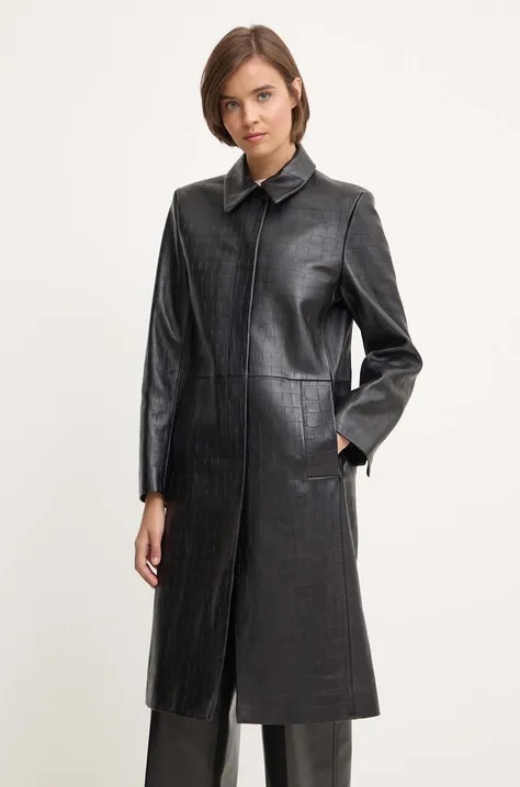 Δερμάτινο παλτό Calvin Klein γυναικείο, χρώμα: μαύρο, K20K207081