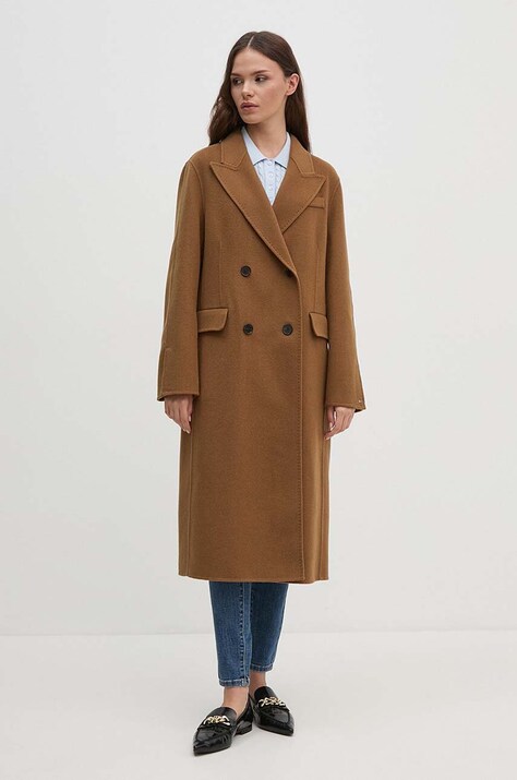 Tommy Hilfiger palton de lana culoarea maro, de tranzitie, cu doua randuri de nasturi, WW0WW42621