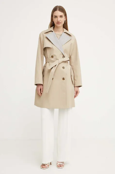 Bavlnený kabát BOSS béžová farba, prechodný, dvojradový, 50518479