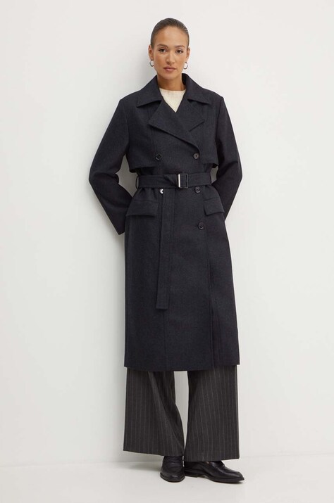 BOSS palton de lana culoarea negru, de tranzitie, cu doua randuri de nasturi, 50518503
