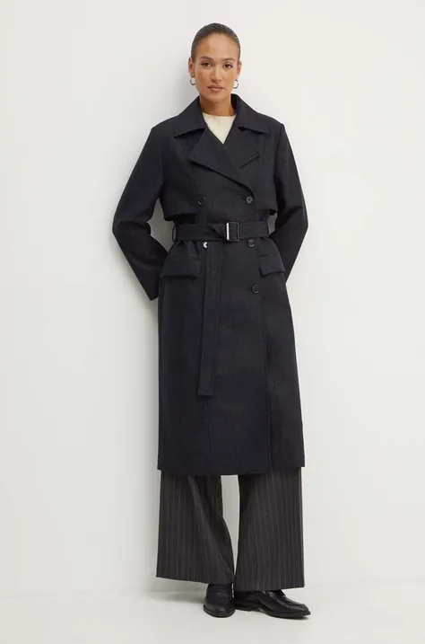 Шерстяное пальто BOSS цвет чёрный переходной двубортный 50518503