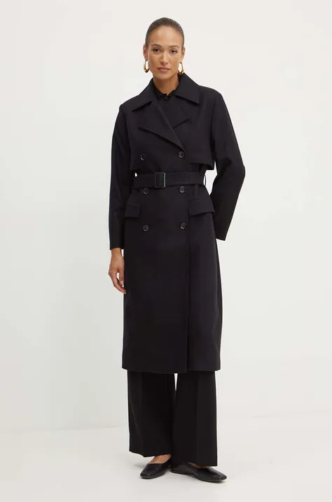 Вълнено палто BOSS в черно преходен модел с двуредно закопчаване 50518503