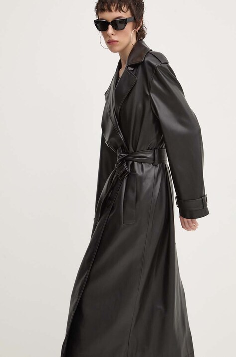 Kabát HUGO dámsky, čierna farba, prechodný, dvojradový, 50516768