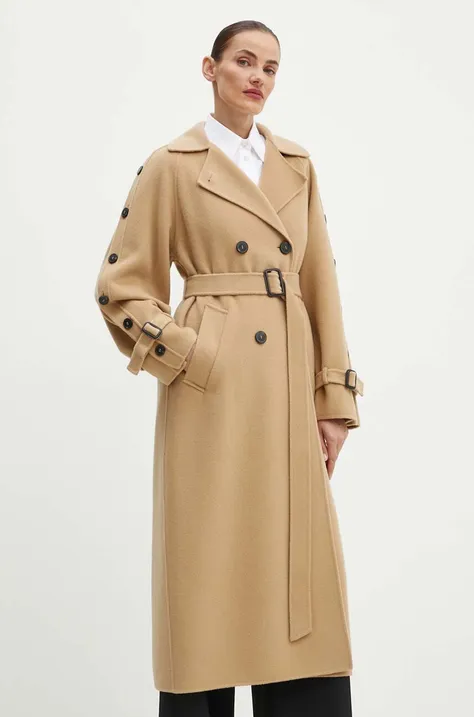 Vlnený kabát Weekend Max Mara béžová farba, prechodný, dvojradový, 2425016021600