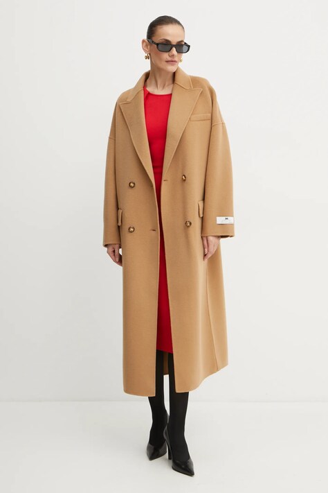 Elisabetta Franchi palton de lana culoarea bej, de tranzitie, cu doua randuri de nasturi, CP55D46E2