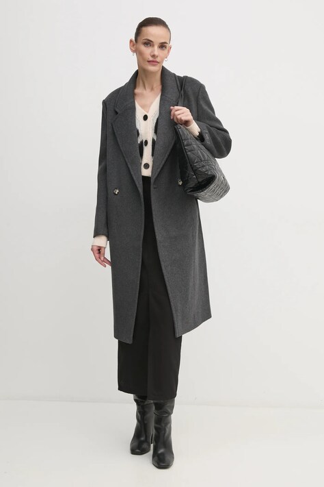 Dkny palton de lana culoarea gri, de tranzitie, cu doua randuri de nasturi, D2G4A203