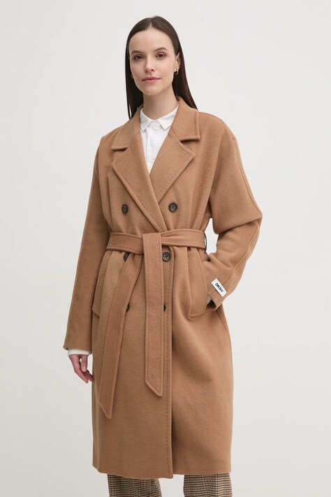 Dkny palton de lână culoarea maro, de tranzitie, cu doua randuri de nasturi, DLEMWS16