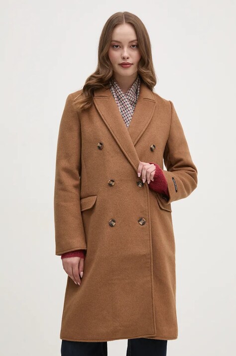 Pepe Jeans palton de lana BETH culoarea maro, de tranzitie, cu doua randuri de nasturi, PL402473