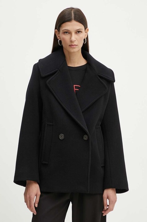 Vlnený kabát IRO čierna farba, prechodný, dvojradový, WP137HELIA