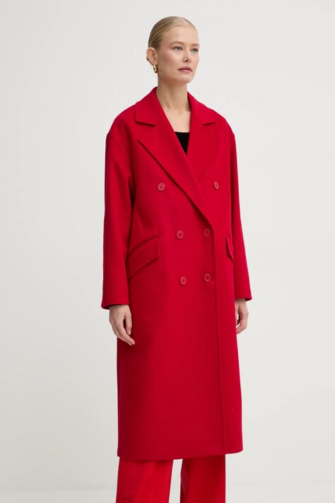 Twinset palton de lana culoarea rosu, de tranzitie, oversize, 242TT2203