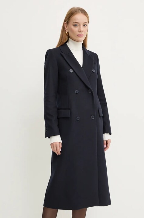 Twinset palton de lana culoarea albastru marin, de tranzitie, cu doua randuri de nasturi, 242TT2201