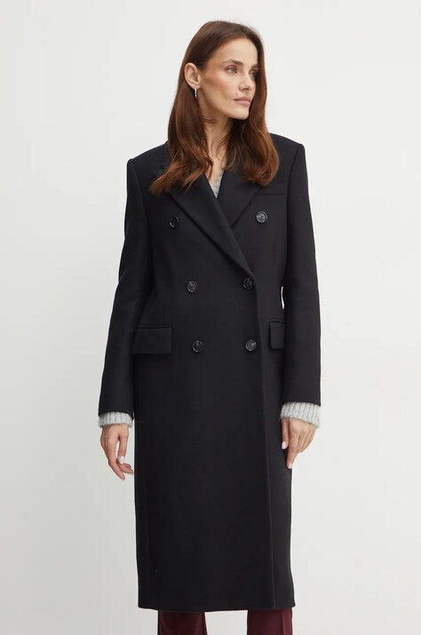 Вовняне пальто BOSS колір чорний перехідне двобортне 50524975