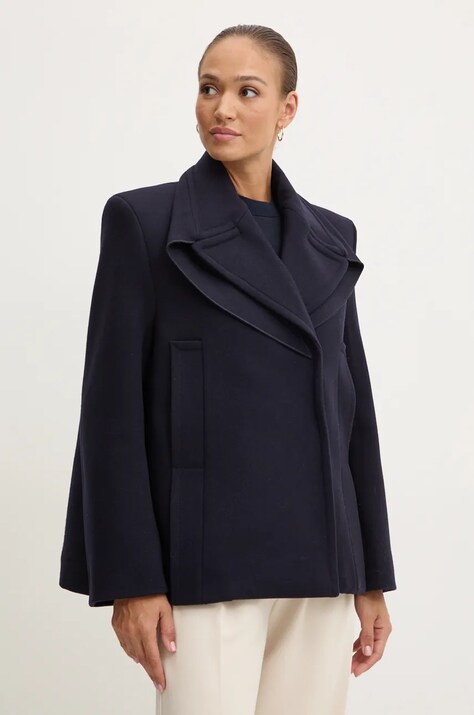 Victoria Beckham palton de lana culoarea albastru marin, de tranzitie, cu doua randuri de nasturi, 1424WCT005790A