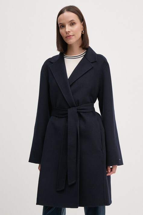 Vlnený kabát Tommy Hilfiger tmavomodrá farba, prechodný, oversize, WW0WW43603