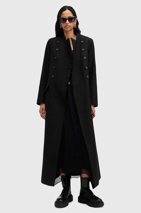 AllSaints płaszcz wełniany BLAIZE COAT kolor czarny przejściowy dwurzędowy W004OB