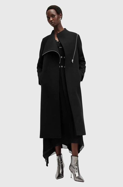 AllSaints płaszcz wełniany MARGOH COAT kolor czarny przejściowy W009OB