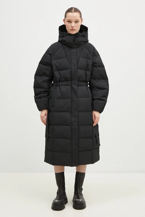 Péřová bunda GANNI Tech Seersucker Puffer Coat dámská, černá barva, zimní, oversize, F9688