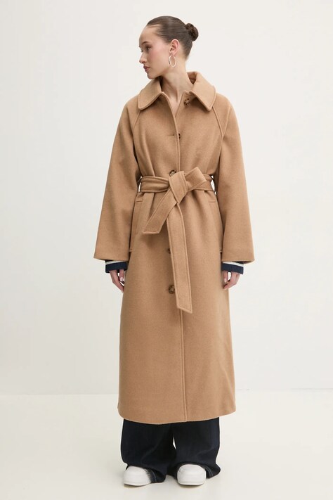 Abercrombie & Fitch palton de lana culoarea bej, de tranzitie, oversize, KI144-4196