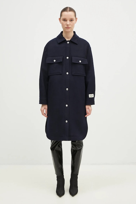 Maison Kitsuné palton de lana Workwear culoarea albastru marin, de tranzitie, NW02211WM0026