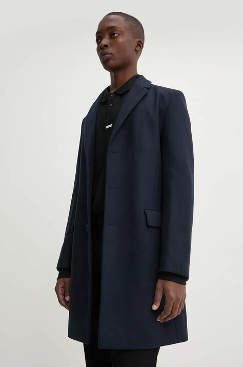Шерстяное пальто HUGO цвет синий переходное 50528793
