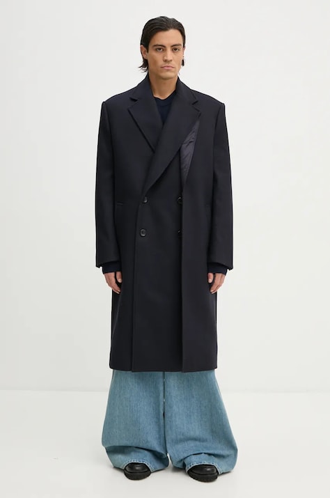 Y/Project palton de lana DOUBLE FRONT COAT culoarea albastru marin, de tranzitie, cu doua randuri de nasturi, 201CO006